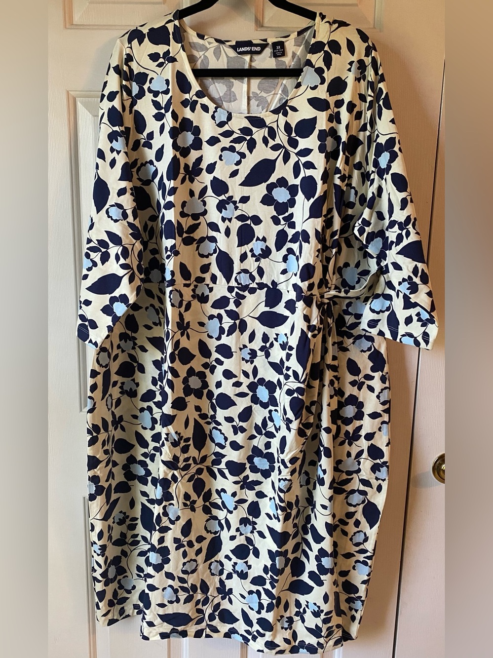 Lands' End Pale Yellow Floral Scoop-Neck Dress with Navy Print -3X